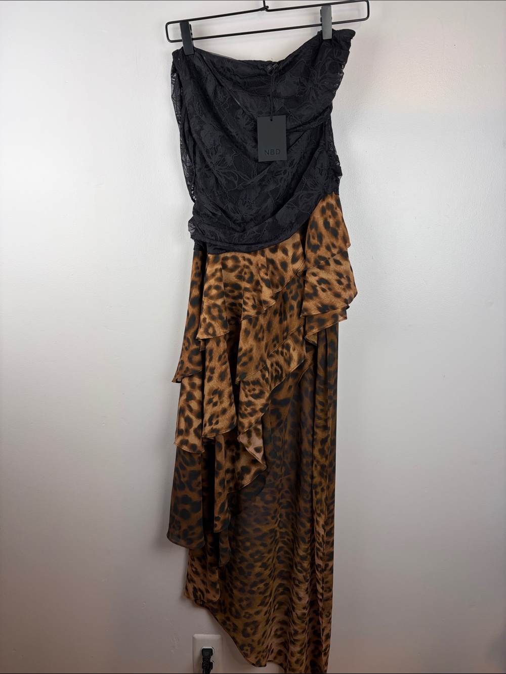 NBD Black Lace Bodice with Brown Leopard-Print Asymmetrical Ruffle Skirt XS new